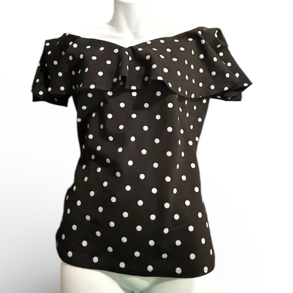 Unique Vintage Black Polka Dot Ruffle Off the Shoulder Top 16